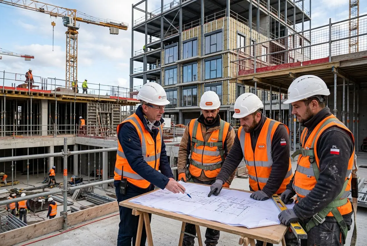 Quatre travailleurs du bâtiment en gilets orange et casques sur un chantier, examinant un plan sur une table.