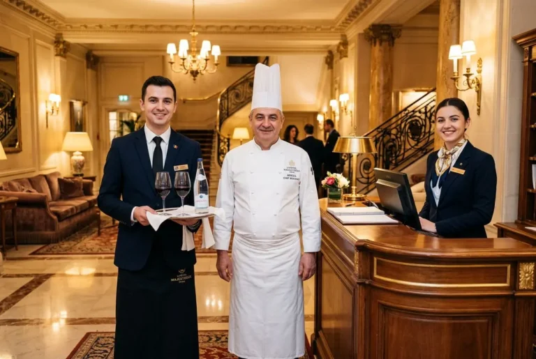 Trois professionnels hôteliers poser dans un hall luxueux: serveur en costume noir tenant plateau, chef cuisinier en toques blanche et veste, et réceptionniste femme souriante derrière le comptoir. Incorporation du terme personnel roumain hôtellerie restauration de manière fluide.