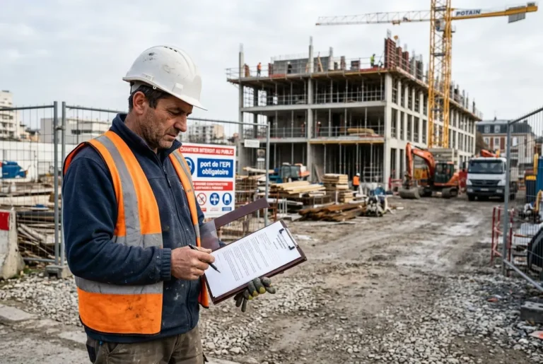 Agent de chantier en gilet orange et casque blanc, consultant un document sur un site de construction en France. contrat travailleur détaché france est lié au contexte.