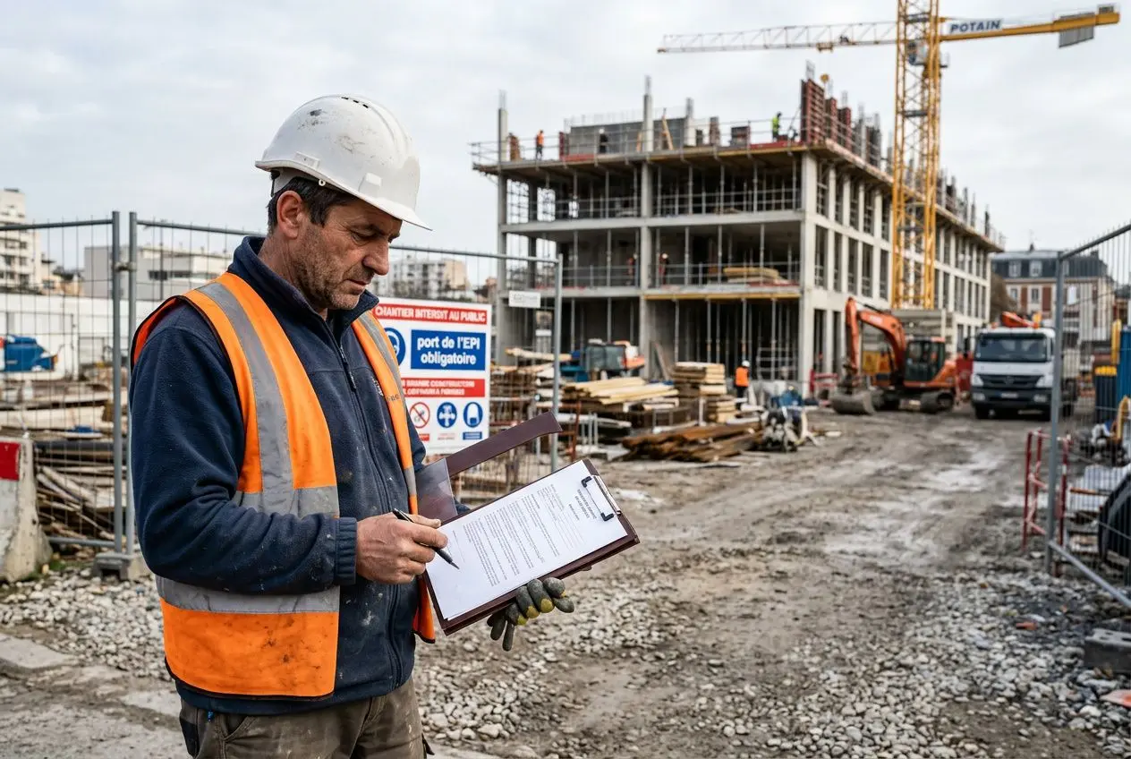 Agent de chantier en gilet orange et casque blanc, consultant un document sur un site de construction en France. contrat travailleur détaché france est lié au contexte.