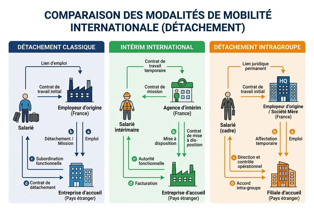 Comparaison des modalités de mobilité internationale (détachement) : schéma illustrant détachement classique, intérim international et détachement intragroupe.