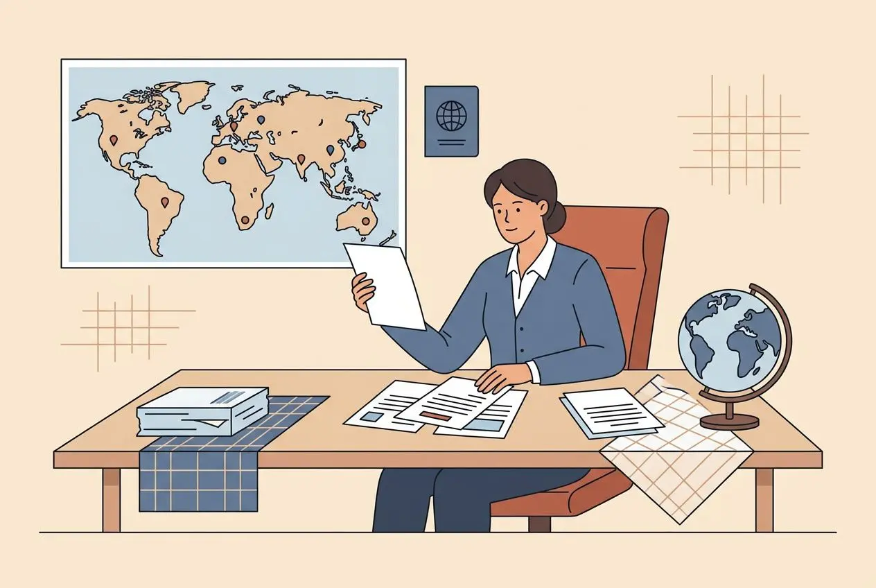 Conseillère d’agence intérim étranger examinant des documents dans un bureau avec globe et carte du monde.