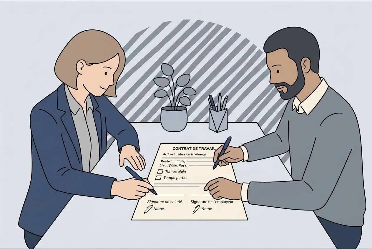 Deux personnes signent un contrat, assises à une table, document intitulé « Contrat de travail » devant elles.