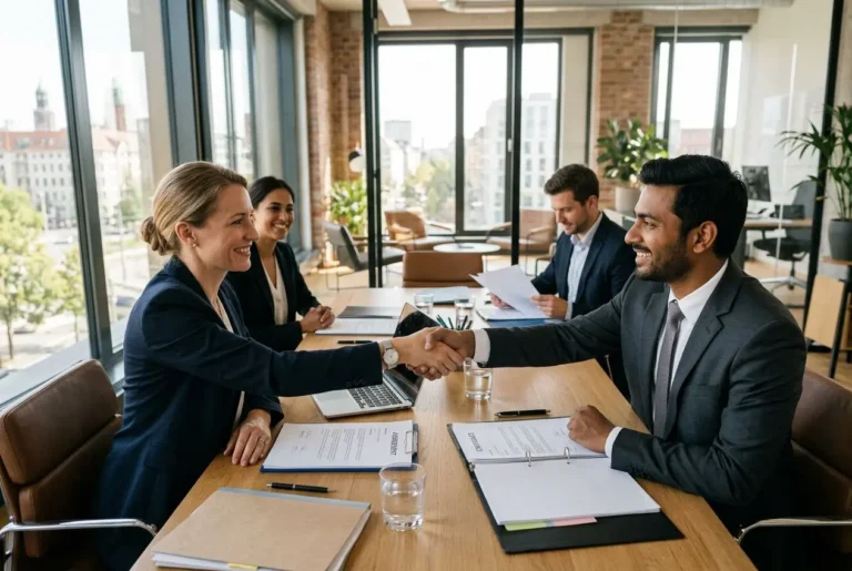 Deux professionnels se serrent la main lors d’une réunion, signe d’un accord ou d’un détachement de salarié, avec d’autres collègues autour de la table.