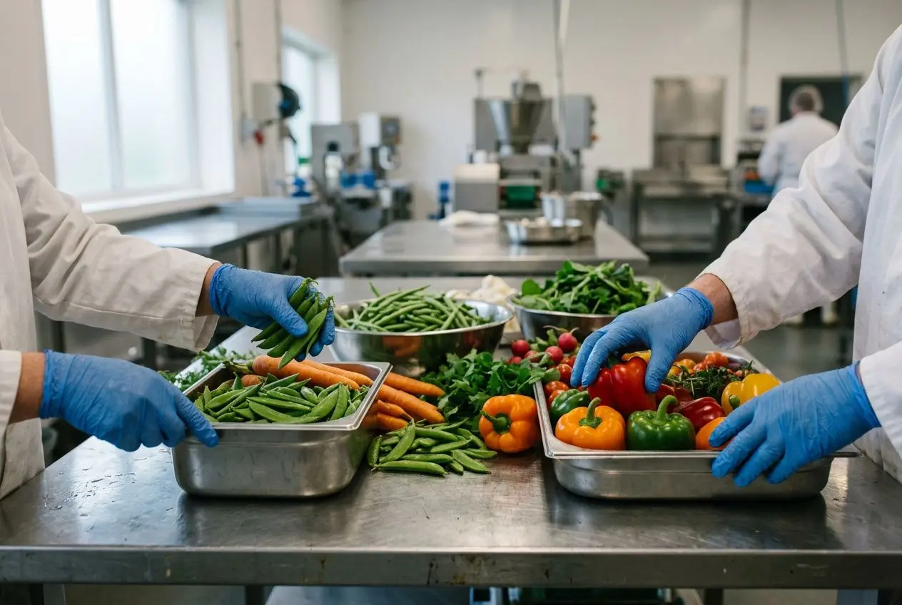 Deux travailleurs en blouse et gants bleus trient des légumes frais dans une ligne de production agroalimentaire. main-d'œuvre agroalimentaire travailleur détaché inclus.
