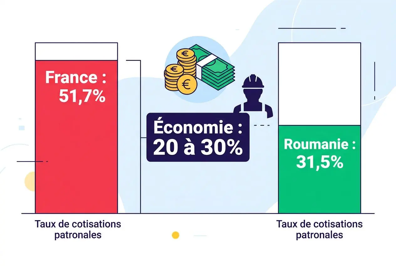 Diagramme comparant les taux de cotisations et l’économie liée au travailleur détaché BTP Roumanie, avec France 51,7%, Roumanie 31,5% et économie 20 à 30%. intégrant le terme travailleur détaché btp roumanie.