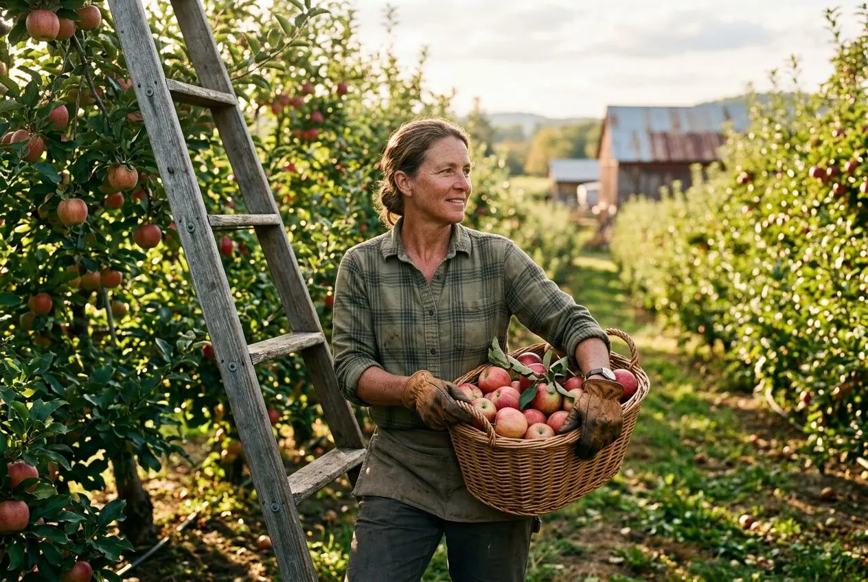 Femme agricultrice tenant une grande panière de pommes, près d’un verger avec échelle et arbres fruitiers. contrat intérim agricole intégré.
