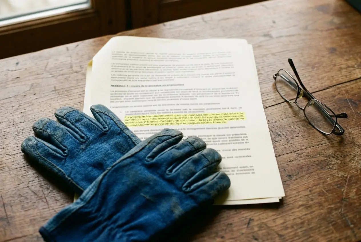 Gants de travail posés sur des documents à moitié lus, lunettes près d’un papier sur un bureau en bois. main-d'œuvre agroalimentaire travailleur détaché.