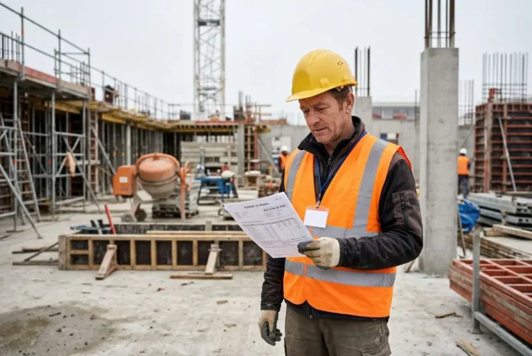Homme sur un chantier, casque jaune et gilet orange, lit un document, entouré d’équipements et de structures de construction. salaire d'un travailleur détaché en france est évoqué.