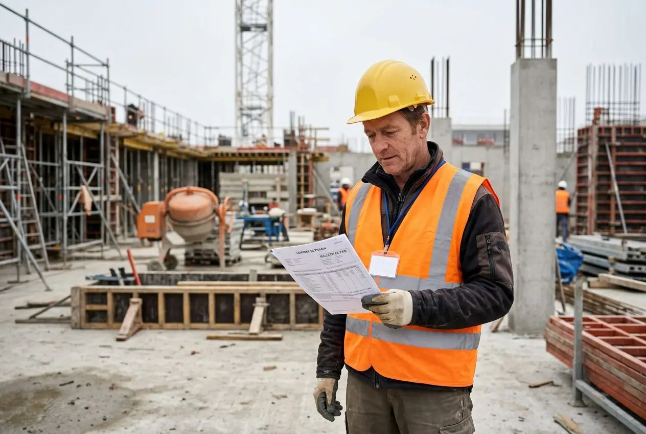 Homme sur un chantier, casque jaune et gilet orange, lit un document, entouré d’équipements et de structures de construction. salaire d'un travailleur détaché en france est évoqué.