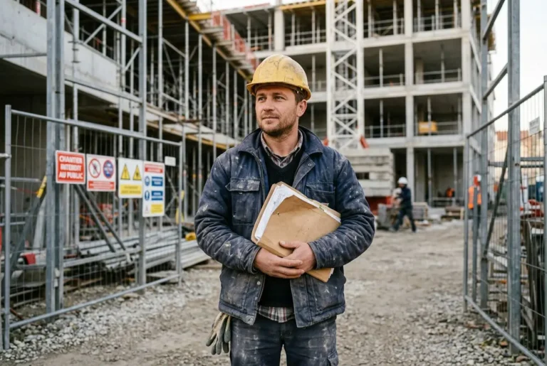 Homme de chantier portant casque jaune et veste, tenu détendue, holding des dossiers sur un site de construction en Europe, cadre sur le détachement et main-d’œuvre européenne détachement france.