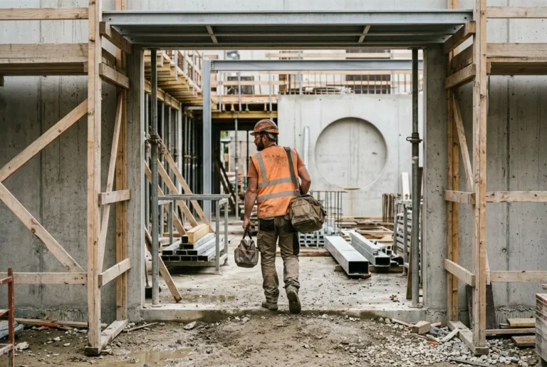 Homme sur un chantier, portant gilet orange et casque, avançant entre des structures en bois et du matériel de construction.