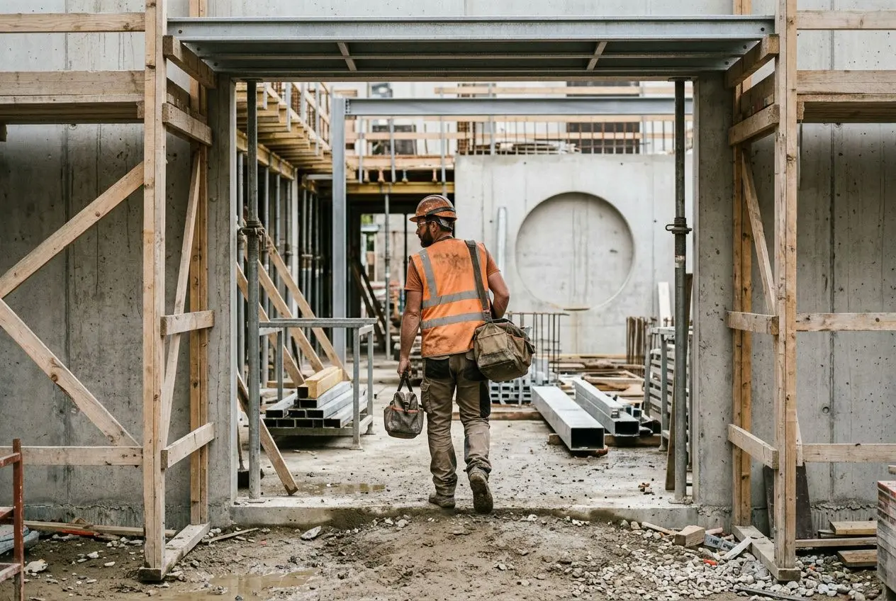 Homme sur un chantier, portant gilet orange et casque, avançant entre des structures en bois et du matériel de construction.