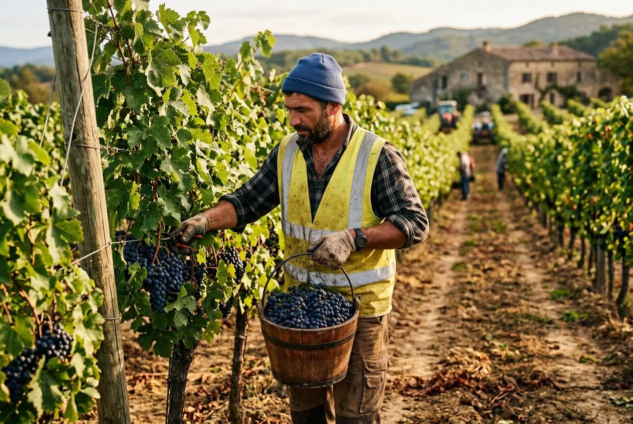 Homme récoltant des grappes de raisin dans un vignoble, portant gilet jaune et bonnet, avec seau de récolte. contrat intérim agricole intégré.