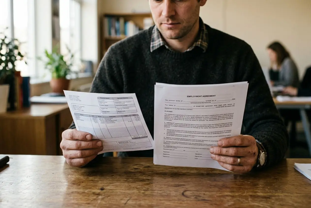 Homme tenant deux feuilles d’accords et de fiches, scrutant des documents au bureau, ambiance professionnelle. main-d'œuvre européenne détachement france