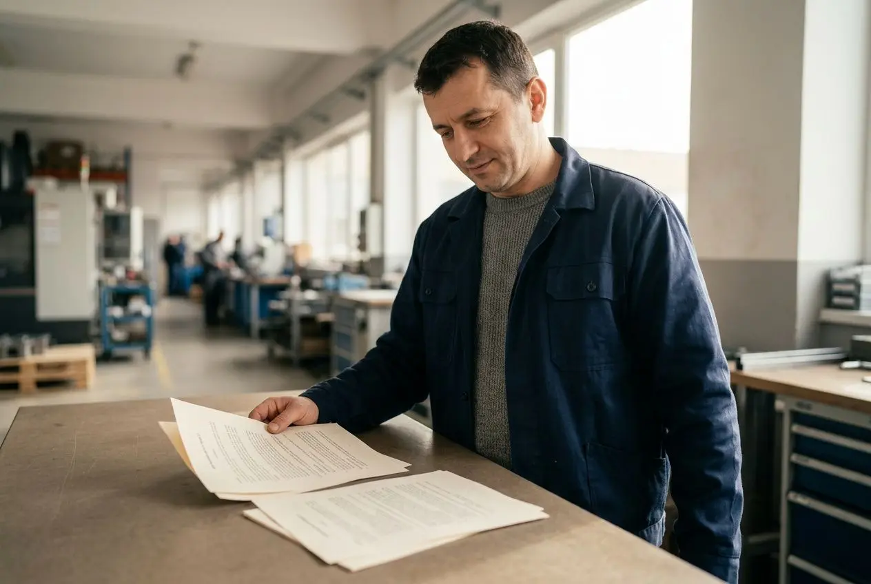 Hommes vérifiant des documents administratifs dans un atelier industriel, illustration des conditions de détachement de travailleurs étrangers en France.