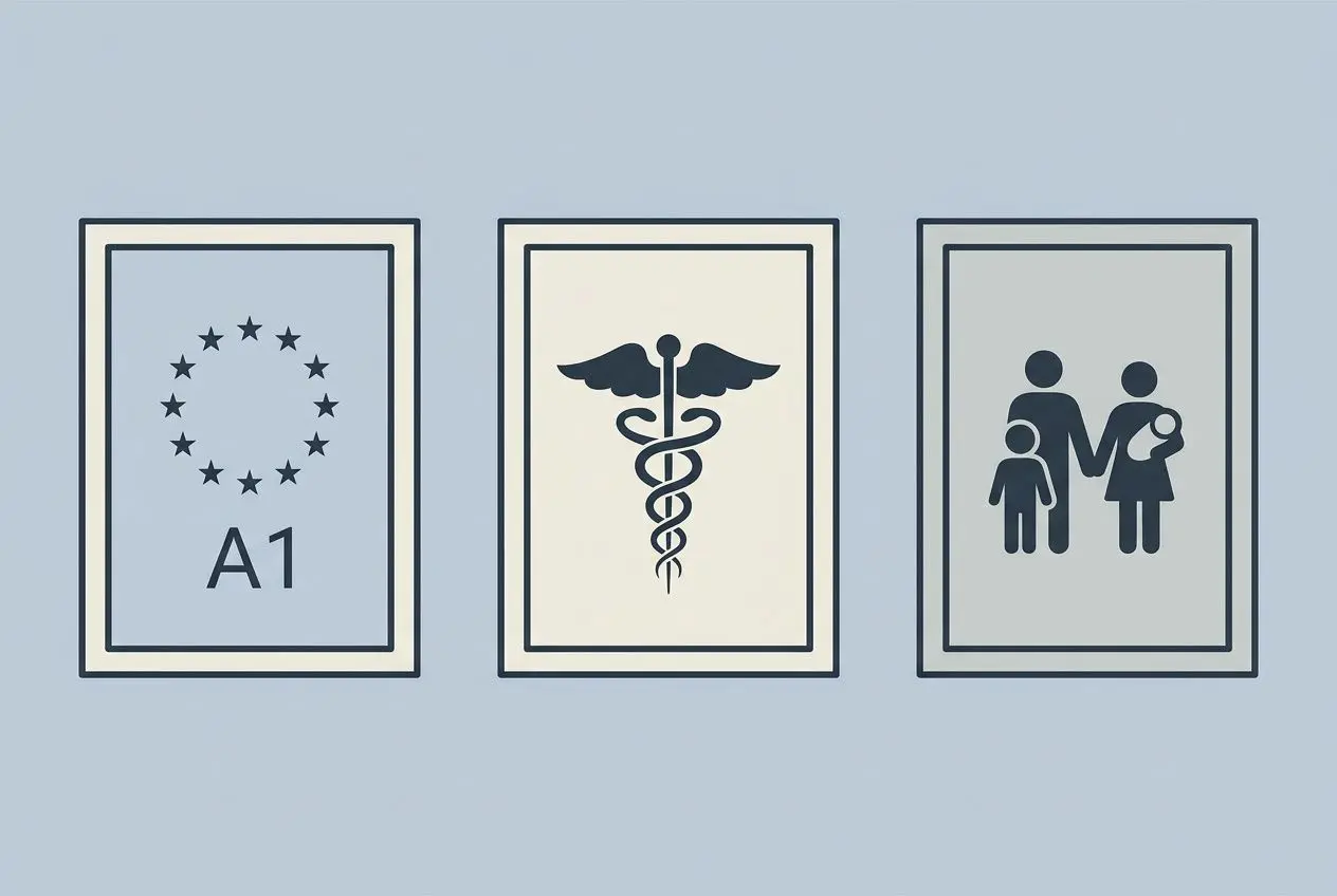 Illustration montrant trois icônes: plaque A1 européenne, caducée de la santé, et famille avec un enfant, symbole de droits et détachement. Salaire d'un travailleur détaché en france.
