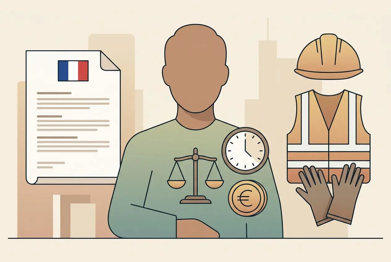 Illustration représentant les conditions de détachement de travailleurs étrangers en France: homme au centre avec des symboles de justice, horloge et pièces d’euro, documents officiels et équipements de sécurité (casque et gants de travail).