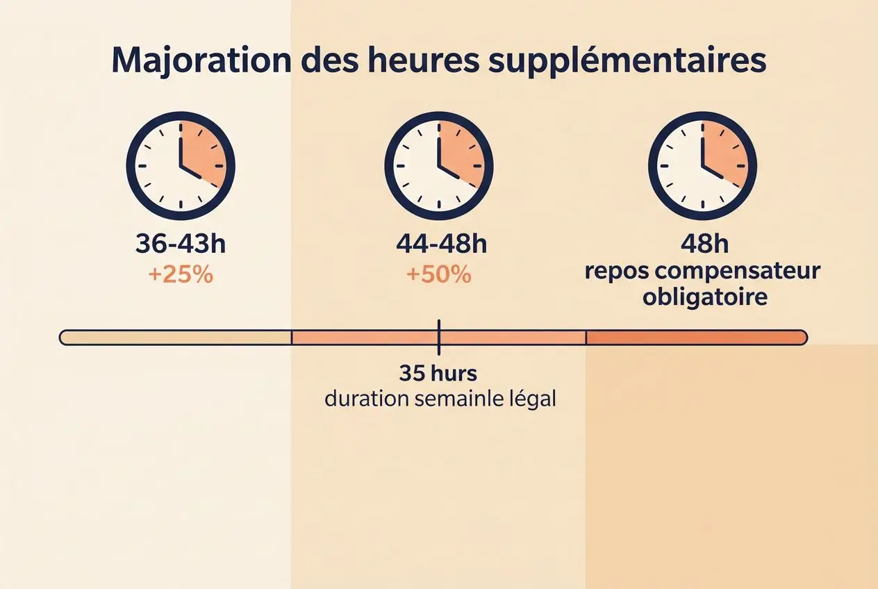 Majoration des heures supplémentaires avec horloges et texte: 36-43h (+25%), 44-48h (+50%), 48h repos compensateur obligatoire, barres indiquant 35 heures durée hebdomadaire légale. Inclut le contexte sur le salaire d'un travailleur détaché en france.