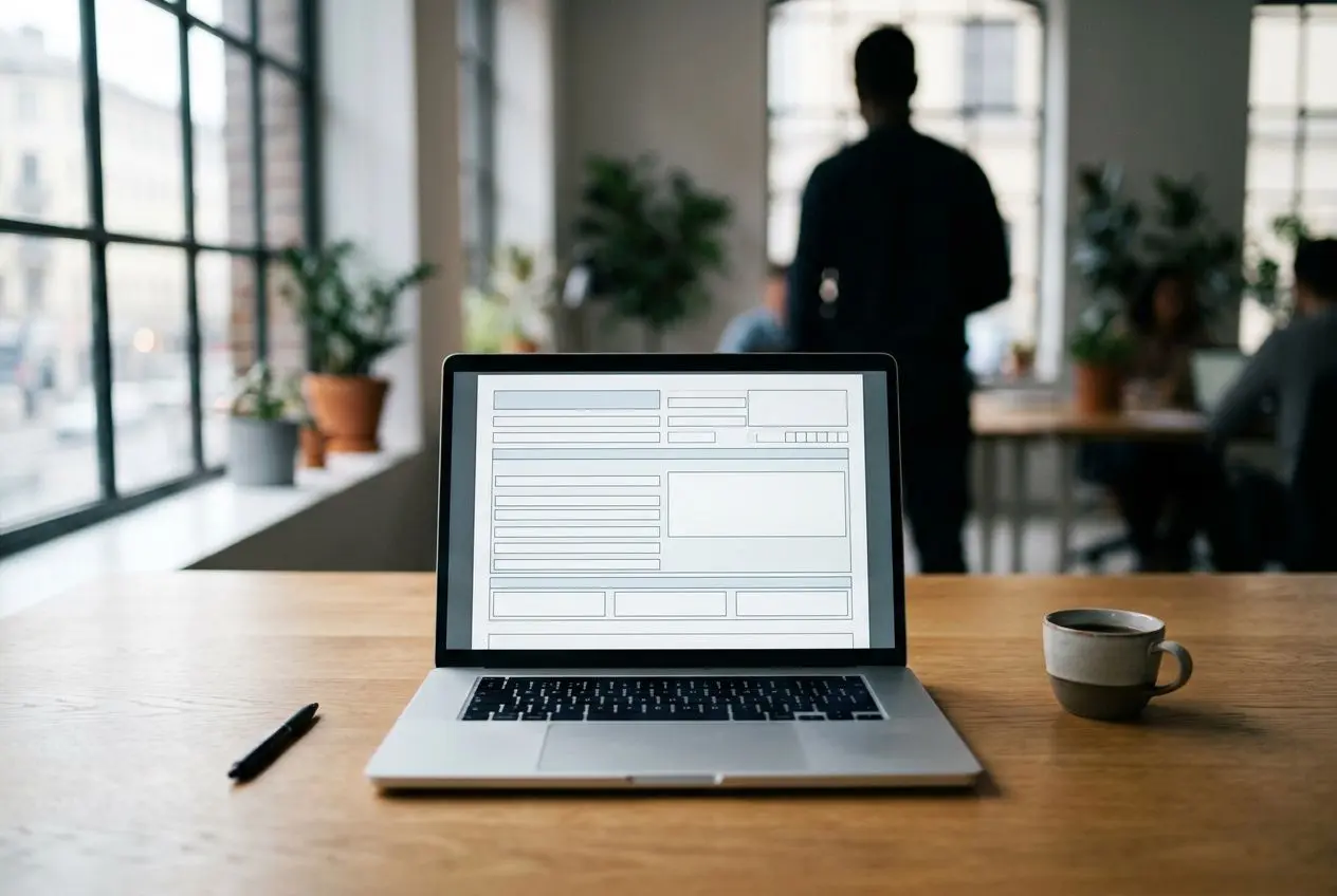 Ordinateur portable affichant un formulaire, posé sur une table avec tasse et stylo; ambiance de bureau. intégration des conditions de détachement de travailleurs étrangers en france.