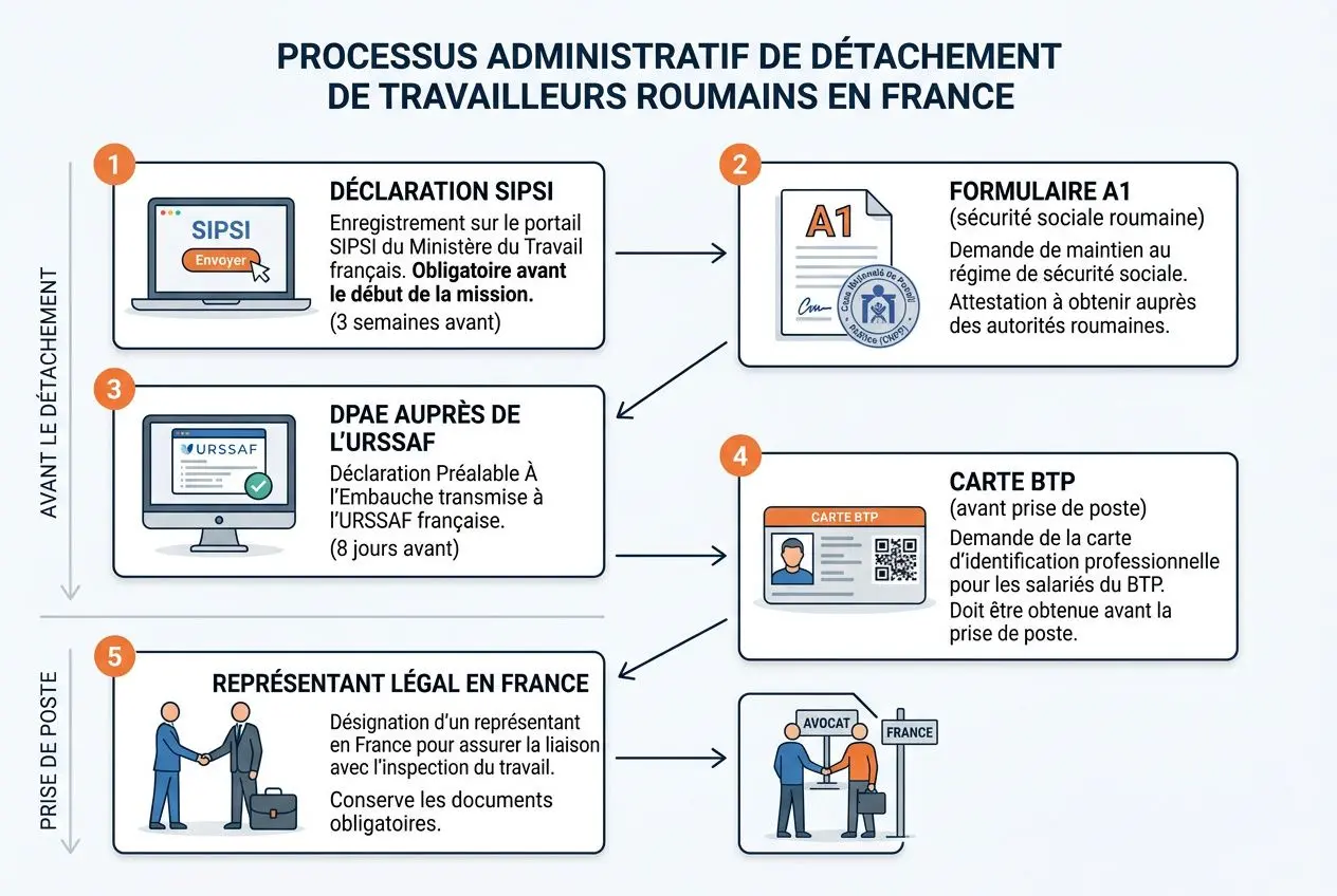 Processus administratif détaillant le travailleur détaché BTP Roumanie en France, avec étapes SIPSI, formulaire A1, DPAE, carte BTP et représentant légal en France. réfère au travailleur détaché BTP Roumanie.