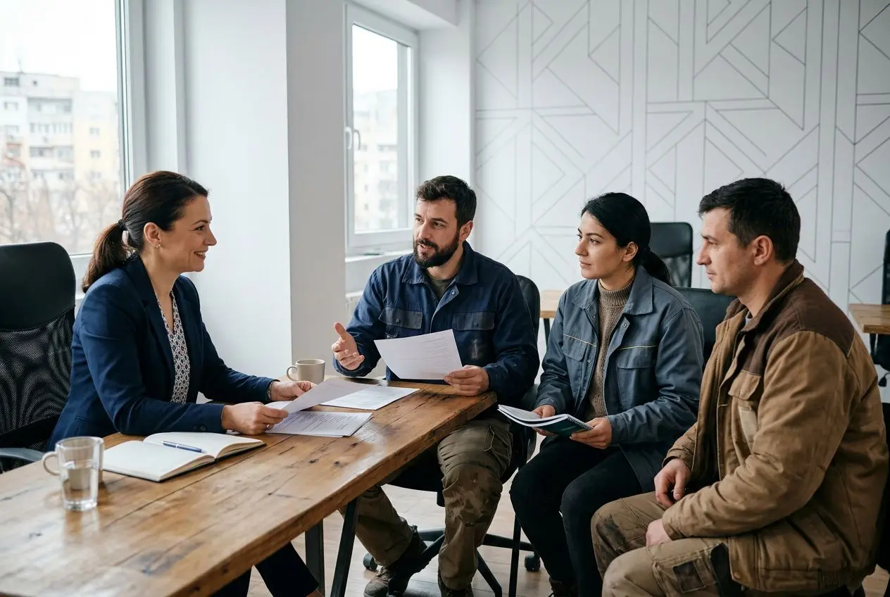 Quatre personnes en réunion discutent autour d’une table en bois, échange de documents et regard attentif, dans un espace lumineux. agence intérim étranger est présente dans la scène.