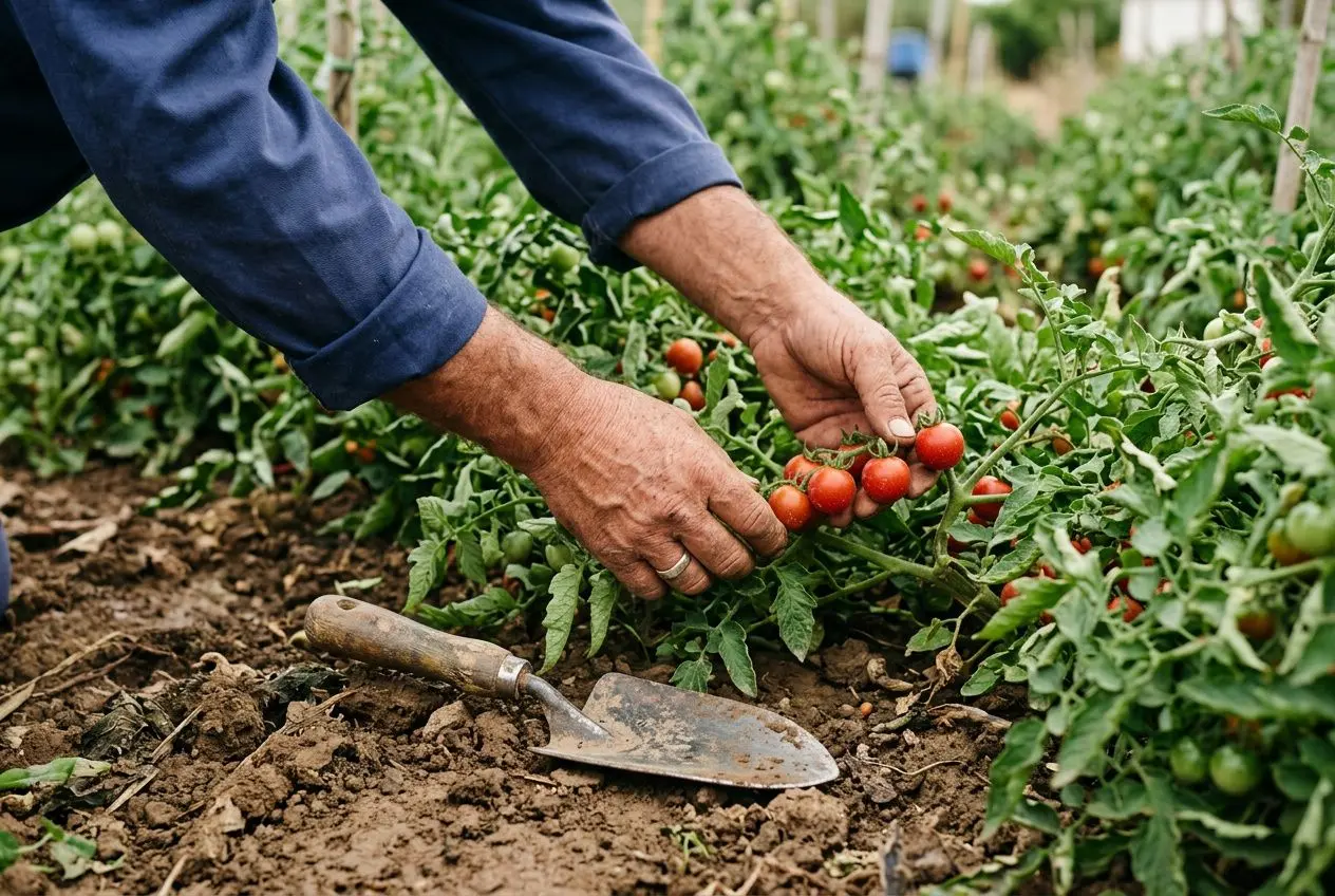 Travailleur agricole détaché en Europe cueillant des tomates dans un rang, outil de jardinage posé à côté, sol fertile.