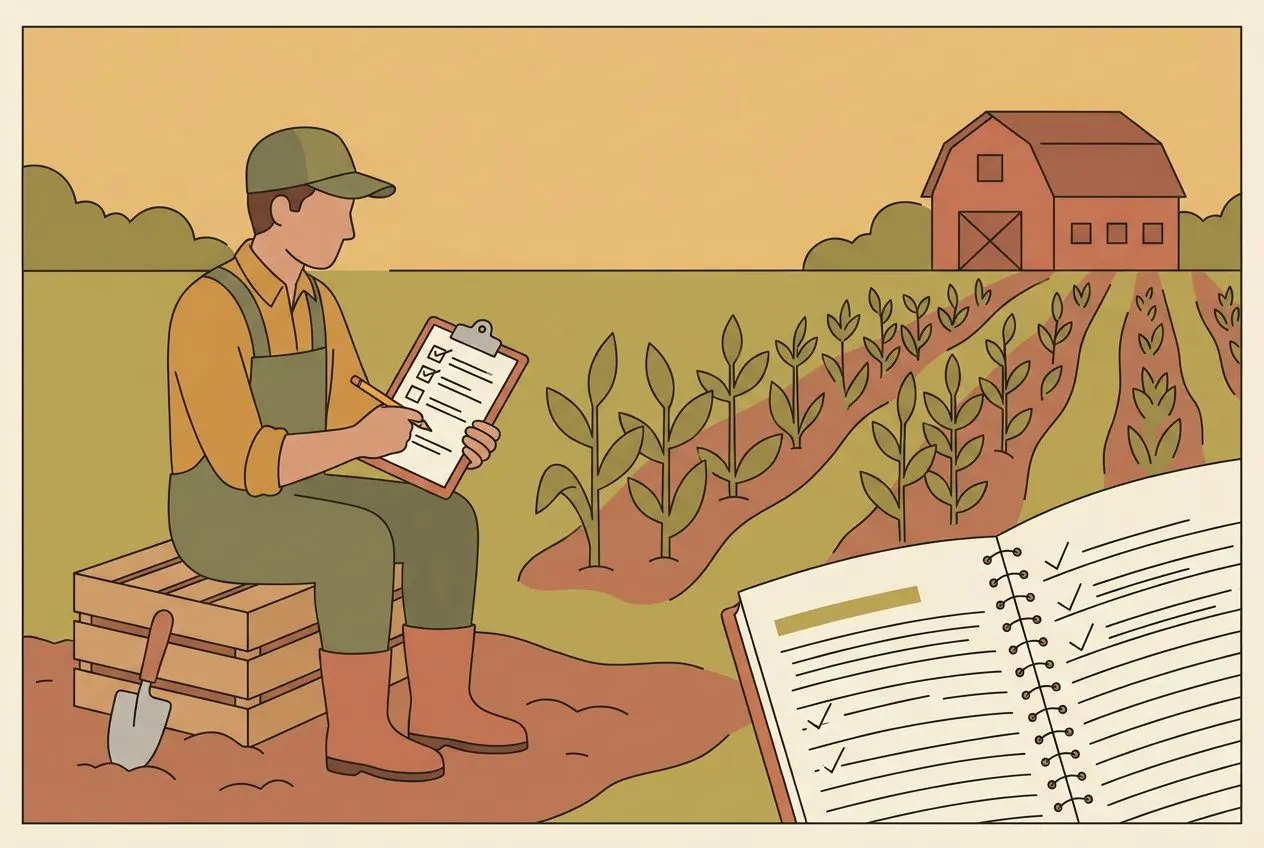 Travailleur agricole détaché en Europe évaluant une liste de tâches sur le terrain près d’un champ et d’un journal de suivi du travail.