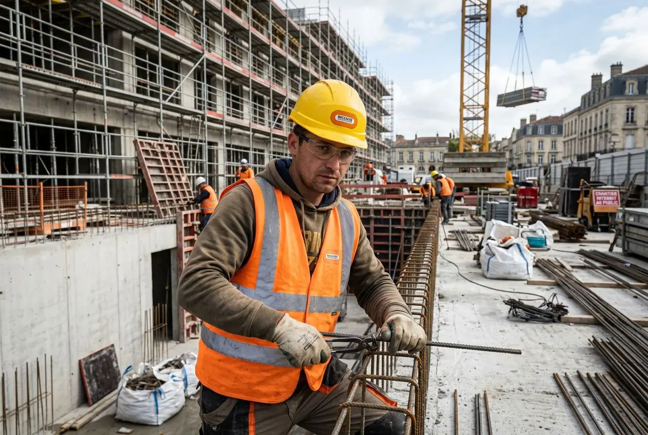 Travailleur détaché BTP roumanie sur un chantier, casque jaune et gilet orange, préparant des barres d’armature.