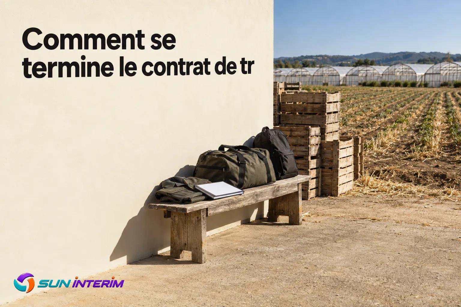 Bron porté et sac à dos posés sur un banc en bordure de champ agricole.