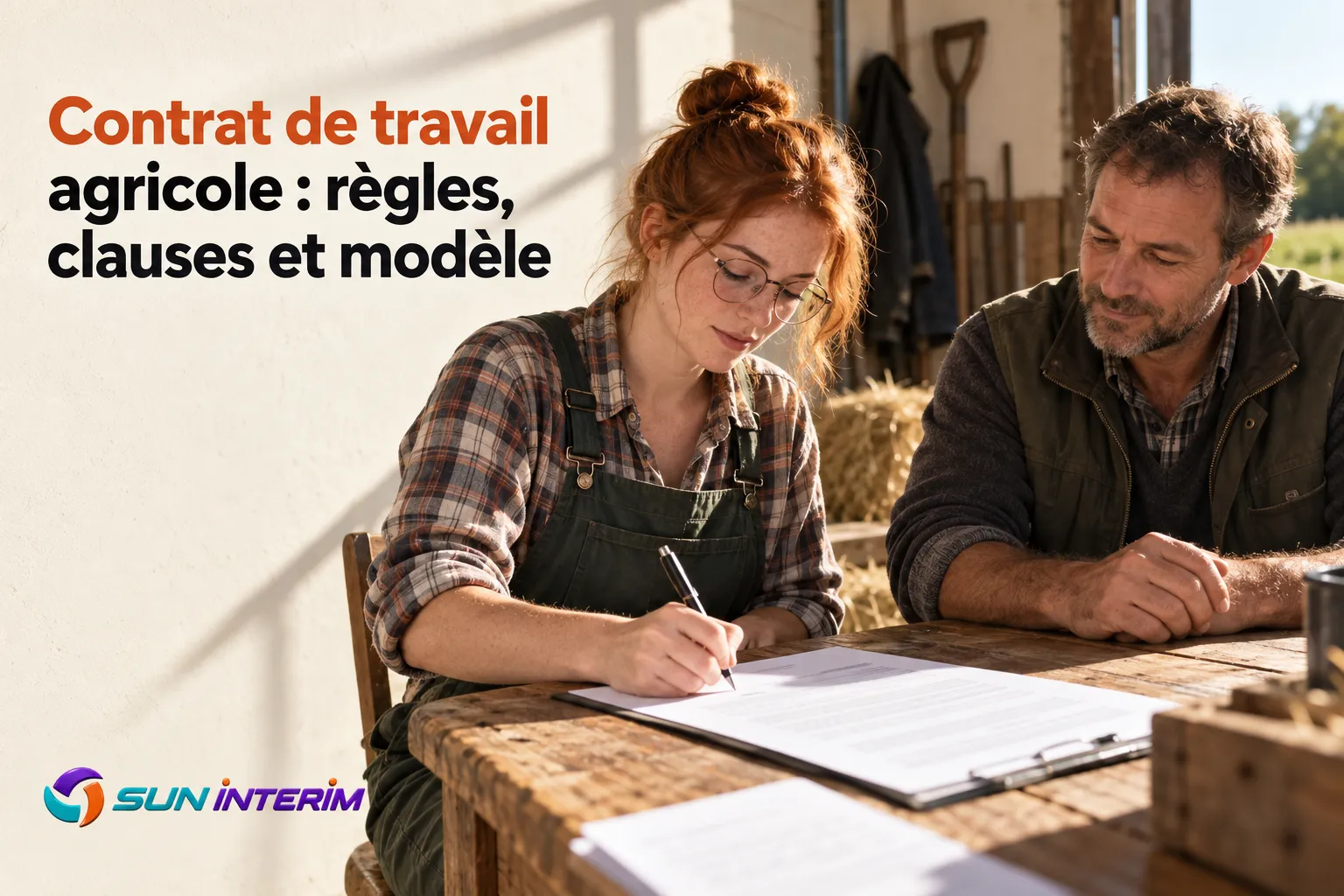 Deux personnes sur une table de travail signent un contrat agricole, en extérieur près d’un bâtiment.