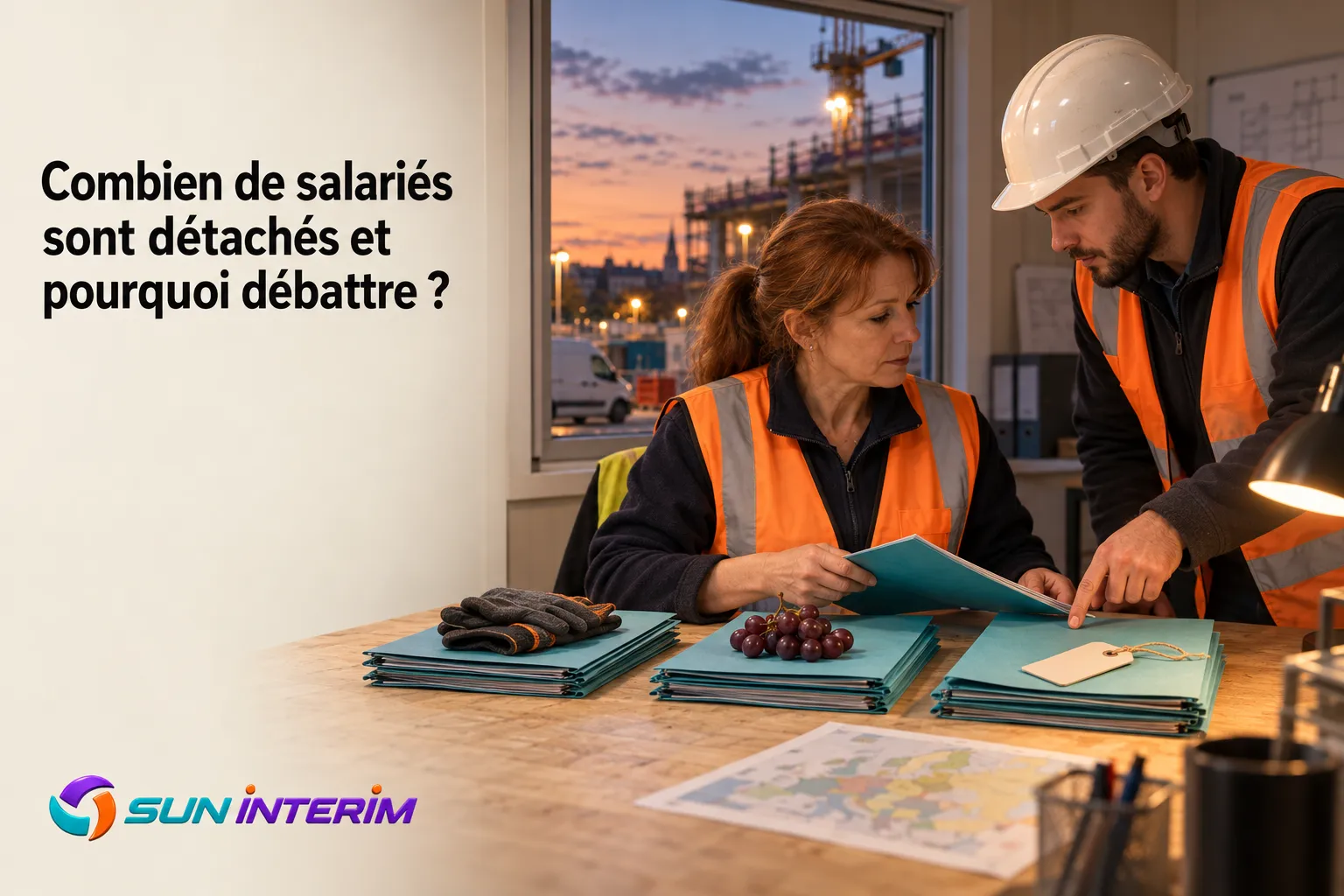 Deux travailleurs portant gilets réfléchissants consultent des documents sur une table de bureau dans un chantier.