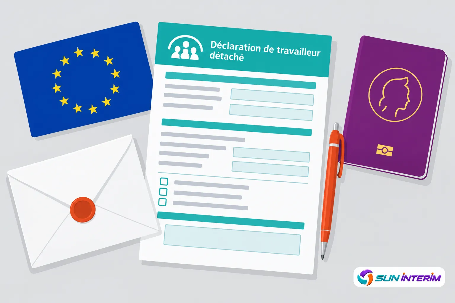 Une fiche de déclaration de travailleur détaché avec une enveloppe, le drapeau de l’Union européenne et un carnet violet