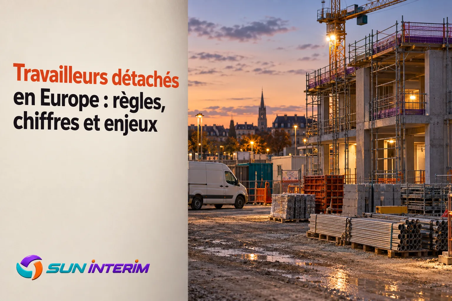 Logo et affichage sur le côté d’un bâtiment: texte “Travailleurs détachés en Europe : règles, chiffres et enjeux” à gauche