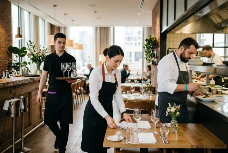Personnel en service dans une salle de restaurant chic, une serveuse ajuste une nappe tandis qu’un serveur s’occupe des verres; cuisine ouverte en arrière-plan. hôtellerie restauration roumains france.