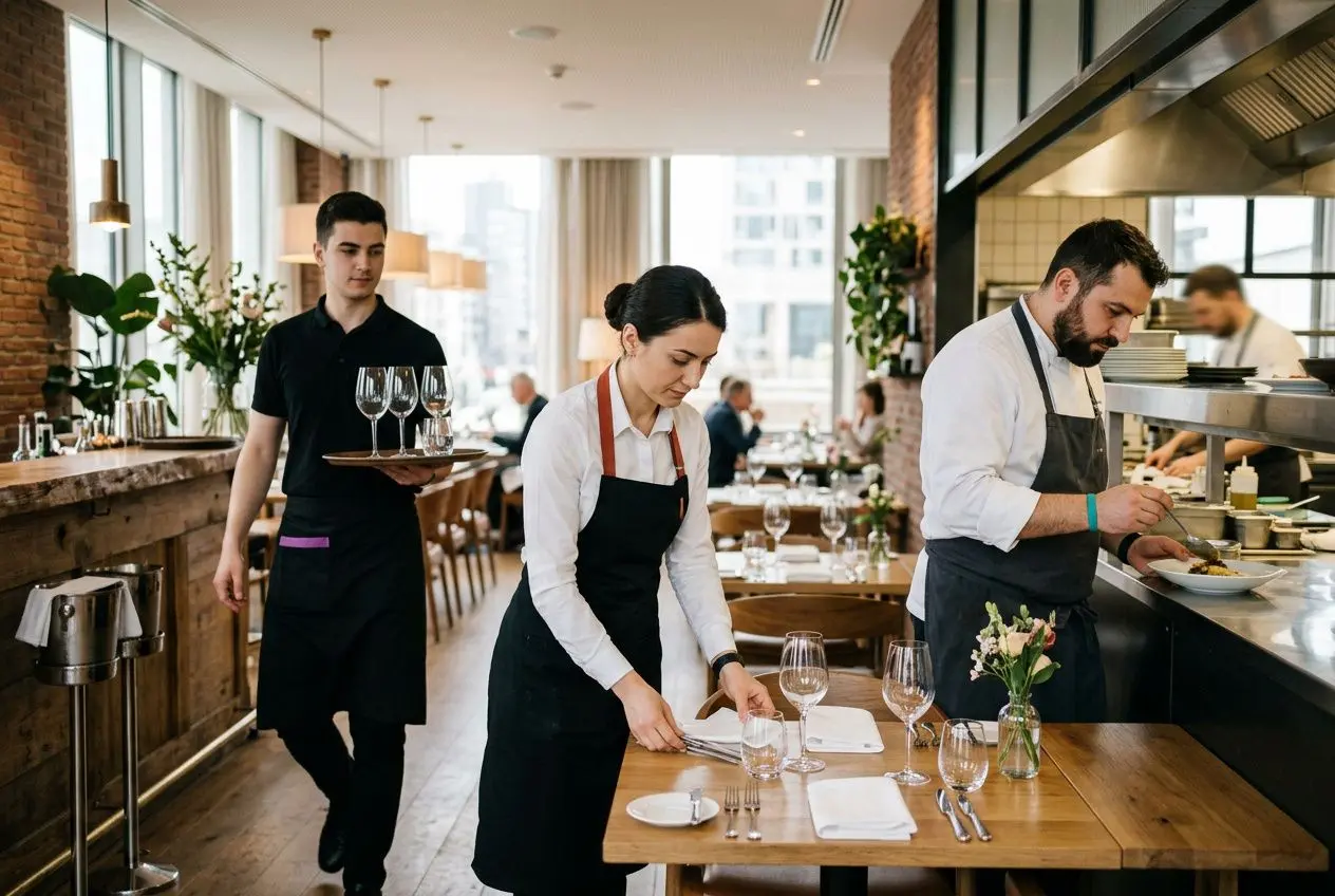 Personnel en service dans une salle de restaurant chic, une serveuse ajuste une nappe tandis qu’un serveur s’occupe des verres; cuisine ouverte en arrière-plan. hôtellerie restauration roumains france.