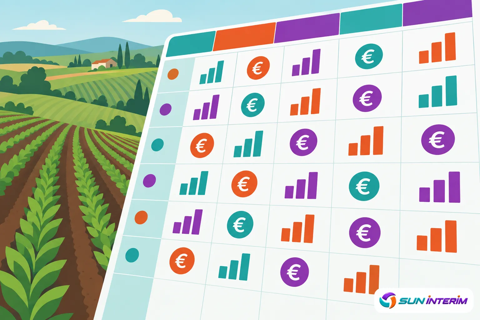 Plan du travail agricole et calendrier des paiements illustrés dans un panneau coloré près d’un champ.