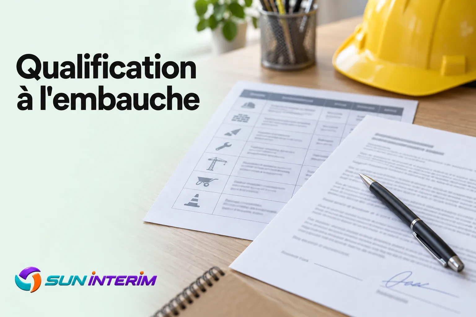 Un registre de qualification et un contrat avec un stylo posé sur la table, à côté d’un casque de chantier jaune.