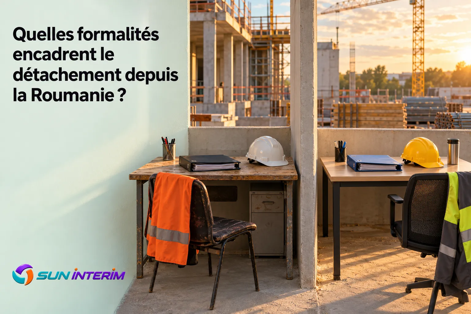 Bureau de chantier avec deux tables, casques et matériel de sécurité sur fond de construction en cours.