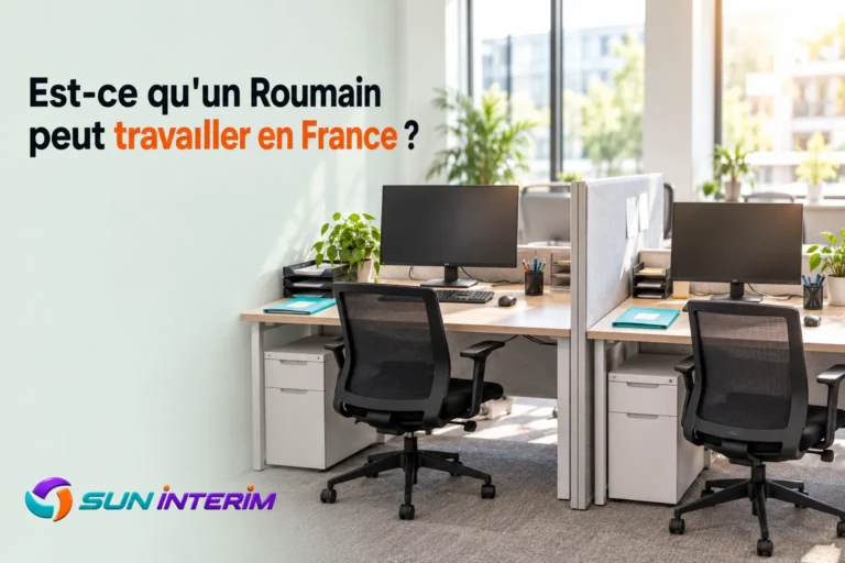 Bureau ouvert avec plusieurs postes de travail et écrans, éclairé par la lumière naturelle.
