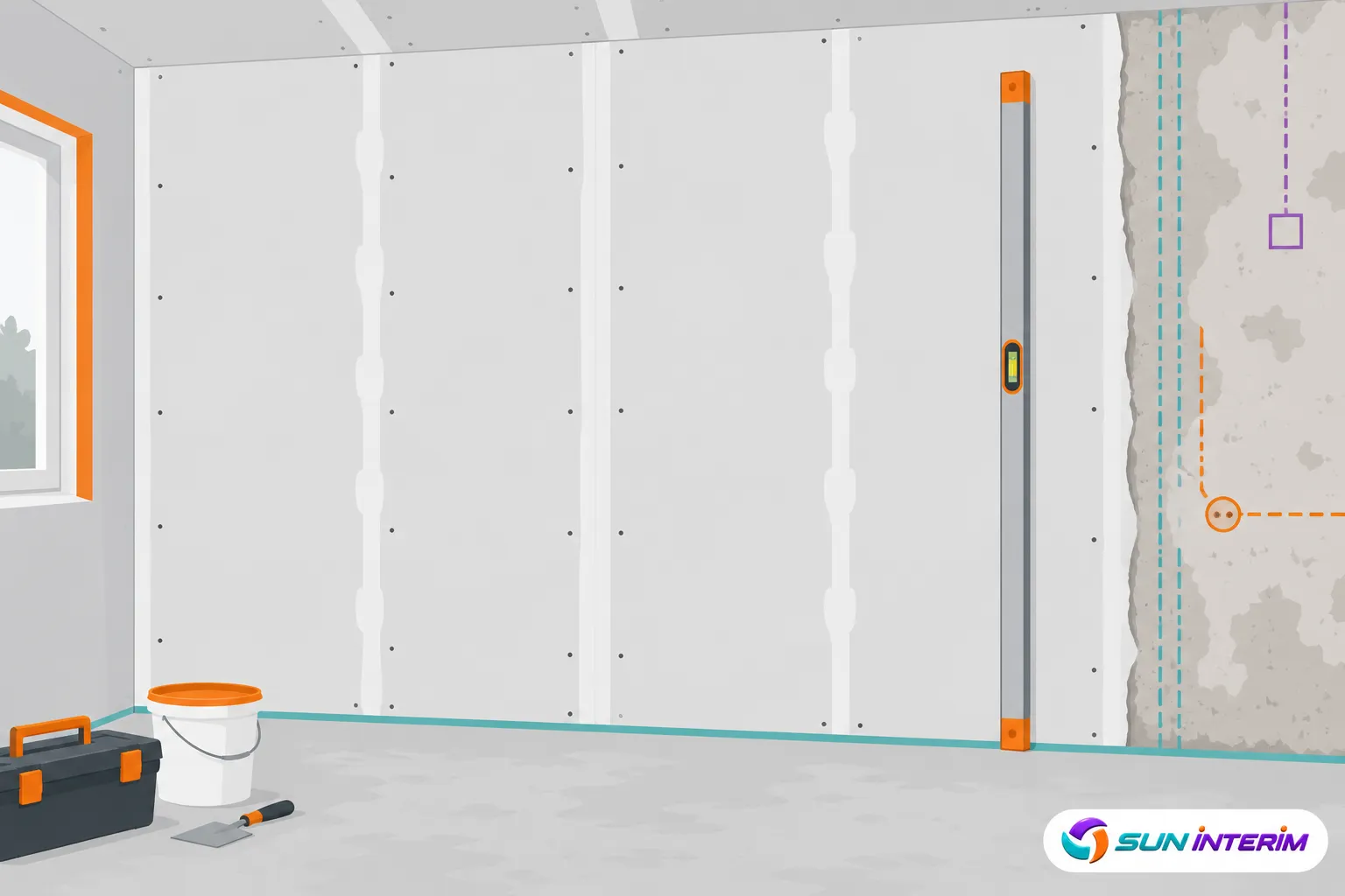 Un chantier de cloison sèche en cours avec des plaques presque fixées au mur, une règle à niveau et une équerre posées au