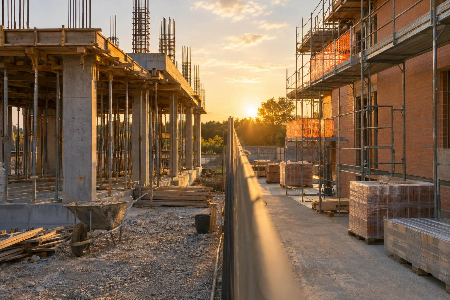 Chantier de construction avec des structures en béton et des échafaudages au coucher du soleil.
