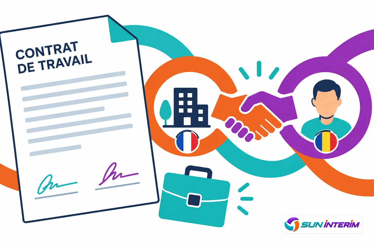 Contrat de travail posé sur fond coloré avec handshake et pictogrammes liés à l’emploi et au travail.