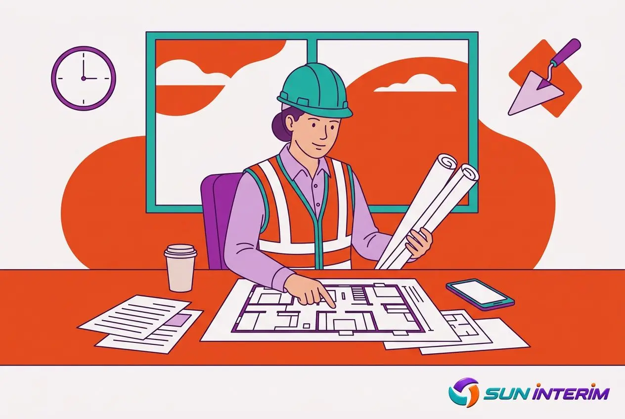 Dessinateur ou chef de chantier sur un plan de bâtiment, casque et gilet réfléchissant, travaillant sans diplôme dans le secteur du métier btp sans diplôme.