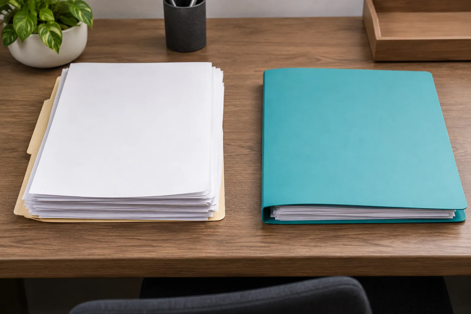 Deux documents empilés sur un bureau en bois, à côté d’un carnet turquoise et d’un pot de plante.