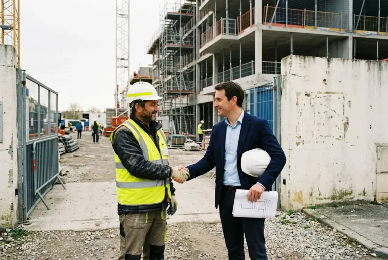 Deux hommes se serrant la main sur un chantier: l’un en tenue de construction et casque, l’autre en costume avec un casque sous le bras et des plans à la main.