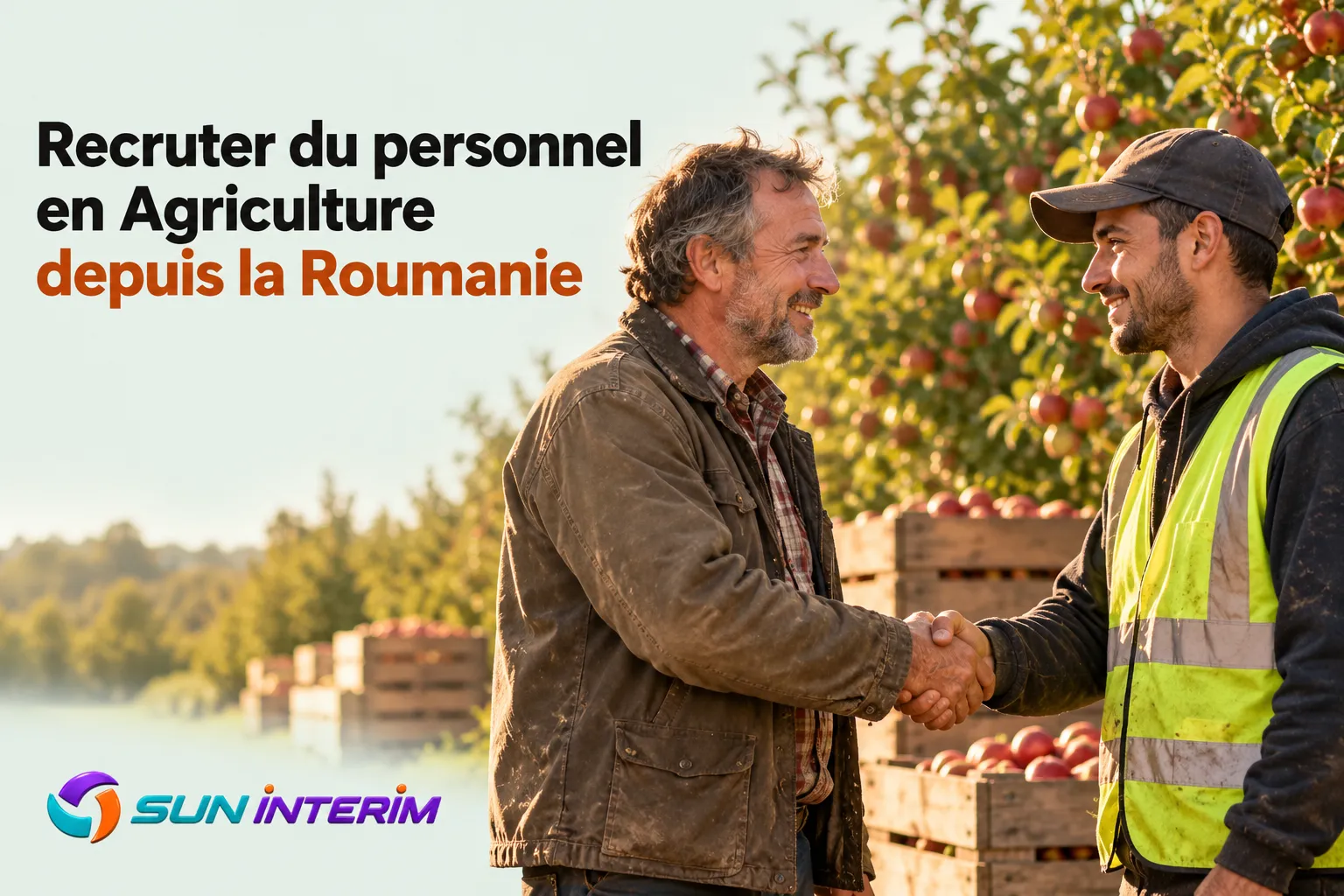 Deux hommes se serrent la main devant des caisses de pommes dans un verger.