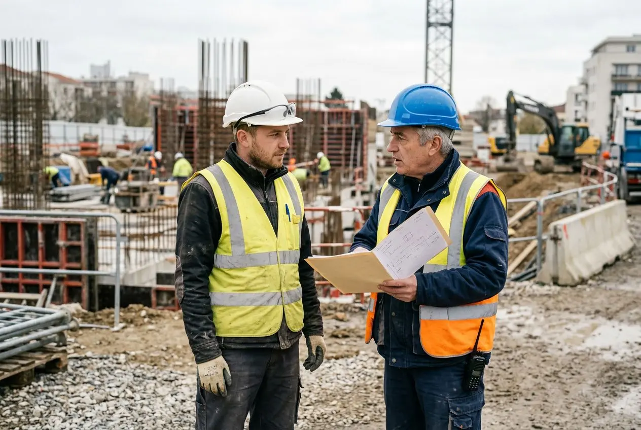 Deux ouvriers sur un chantier de construction discutent, l’un tient des documents; tous deux porte-licences et gilets réfléchissants, casques de sécurité. Sujet: les roumains peuvent-ils travailler en France.