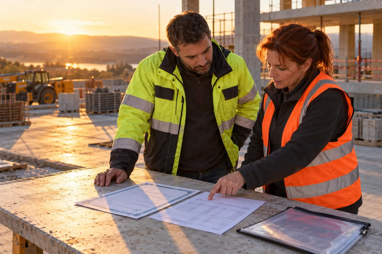 Deux ouvriers portant des gilets réfléchissants consultent des plans sur un chantier au coucher du soleil.
