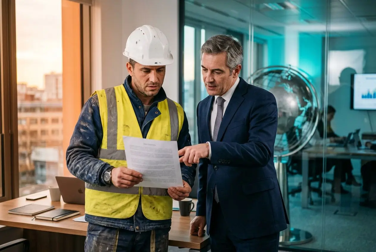 Deux professionnels examinent un document: un salarié en gilet jaune et casque de chantier, et un cadre en costume, dans un bureau moderne. Se renseigner sur le salarié détaché à l'étranger impôts.